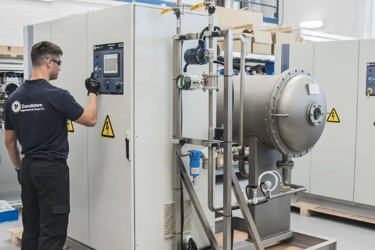 Fotografía de un hombre vestido de negro de pie frente a las instalaciones de sistemas de ozono para agua.