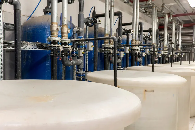 Fotografía de las instalaciones de un sistema de osmosis inversa industrial en color blanco, negro y azul.