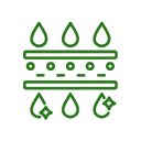 Equipos de tratamiento de agua: Rectángulos delgados con líneas y círculos en medio y gotas alrededor con contornos verdes.